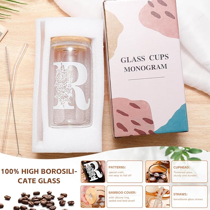 DWTS DANWEITESI Birthday Gifts for Women: Initial Glass Cup as Office Graduation Memorial Holiday Personalized Gifts - for Teacher Employee Nurse Coworkers Bridesmaid Bride - R Aesthetic Cup