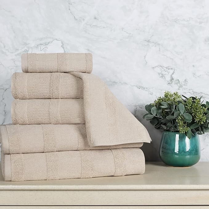 Superior Roma Cotton 6 Piece Assorted Towel Set, Highly Absorbent, Ribbed, Quick-Dry, Shower, Spa Basics, Home Essentials, Solid, Includes; 2 Bath Towels, 2 Hand Towels, 2 Face Towels, Stone