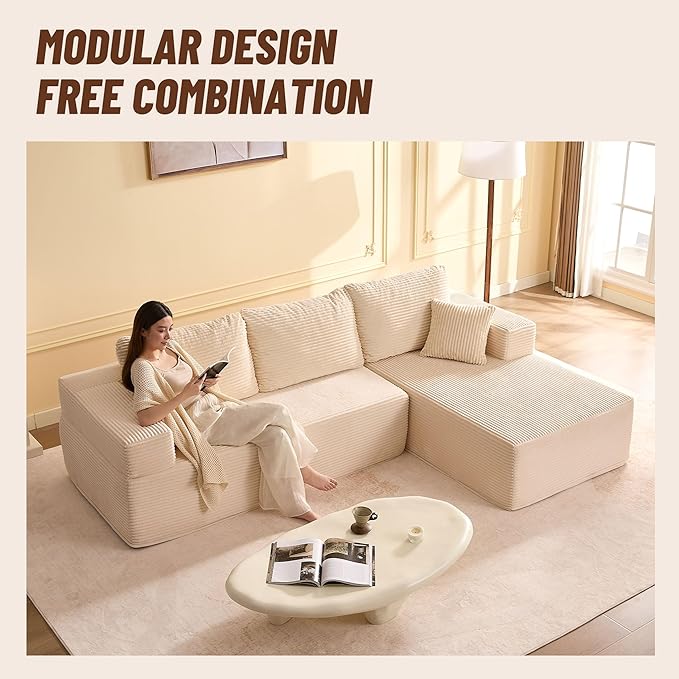 107" Boneless Couch with Deep Seat, Modular Sectional Sofa, Cloud Sectional Couch for Living Room, No Assembly Required, Corduroy, L-Shape Right?White