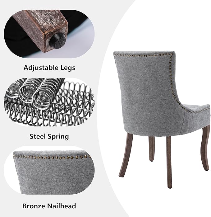 Farmhouse Dining Chairs Set of 6, Upholstered Fabric Dining Room Accent Chairs with Wood Legs & Bronze Nailhead, High Wingback Kitchen Chairs for Living Room Hotel Apartment, Gray