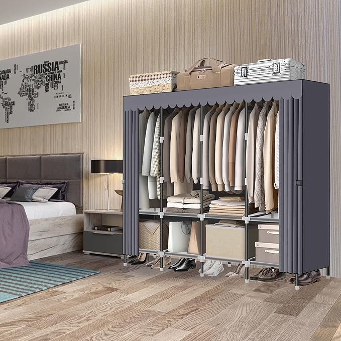 LOKEME Wardrobe Closet，Grey Portable Closet with Zippers， 65.4Inches 19mm Diameter，Portable Closets for Hanging Clothes，with 4 booms and Storage cabinets，Spacious Large -Capacity Storage Space