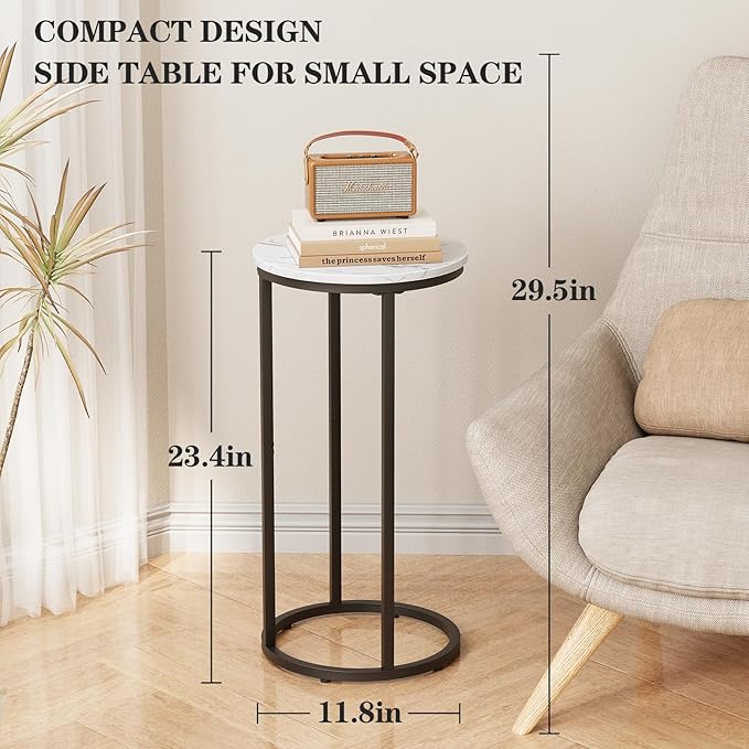 C Shaped end Table,Wood Round Side Table for Couch,Small Sofa Table with Metal Frame for Bedroom,Living Room,Bedside,Black Color(11.81" D x 11.81" W x 23.62" H)