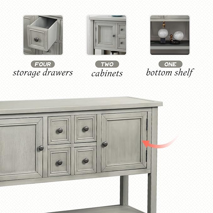 Farmhouse Vintage Console Table Sofa Table with 4 Drawers and Bottom Shelf, Solid Wood Buffet Sideboard Storage Cabinet for Entryway Living Room Kitchen Dining Room (Antique Gray)