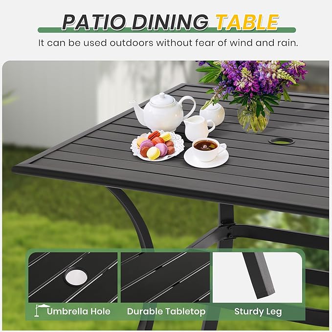 LVUYOYO Outdoor Patio Dining Table, Metal Square Table with Umbrella Hole, All-Weather Furniture for Backyard, Garden,Balcony,Porch (Black)