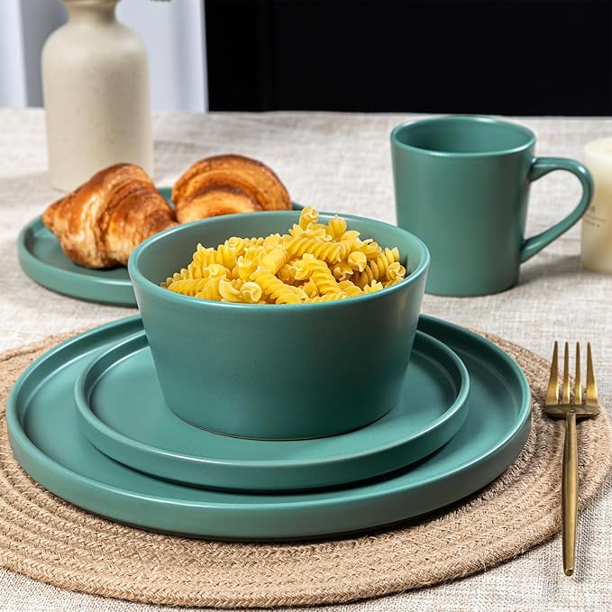 Dinnerware Sets for 4 - CJDC-QUELO 12-Piece Stoneware Plates and Bowls Sets, Ceramic Dishware Sets for Kitchen Use and Formal Dining, Chip and Scratch Resistant Microwave Dishwasher Safe, Green