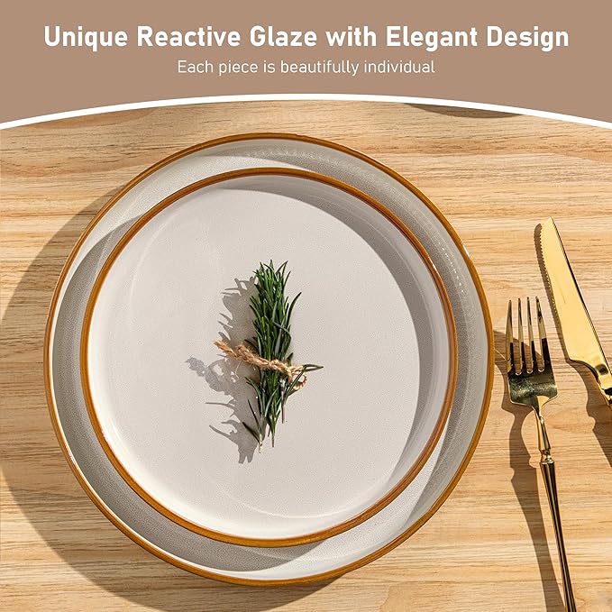 GBHOME Stoneware Dinnerware Sets for 8, Round Reactive Glaze Ceramic Plates and Bowls Set, Highly Scratch Resistant | Dishwasher & Microwave Safe Set，Service for 8（24pcs),Pearl White