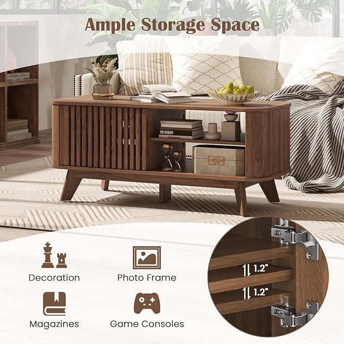 Giantex Coffee Table with Storage, Mid Century Modern Tea Table with Adjustable Shelves & 2 Doors, Wood Coffee Tables w/Fluted Design, Rectangular Farmhouse Center Table for Living Room, Bedroom
