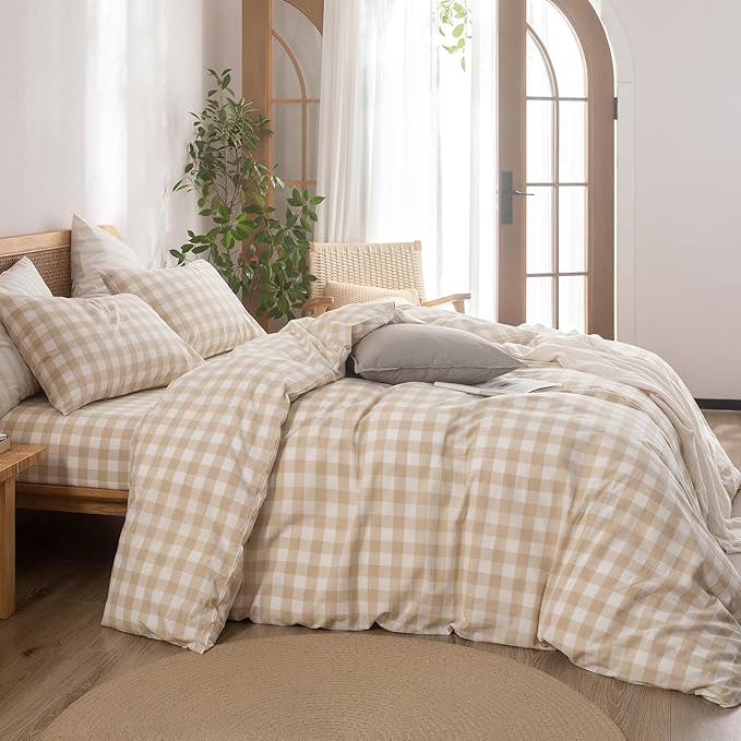 BESTOUCH Duvet Cover Set 100% Washed Cotton Linen Feel Super Soft Comfortable Chic Lightweight 3 PCs Home Bedding Set Almond Grey & White Grid Queen