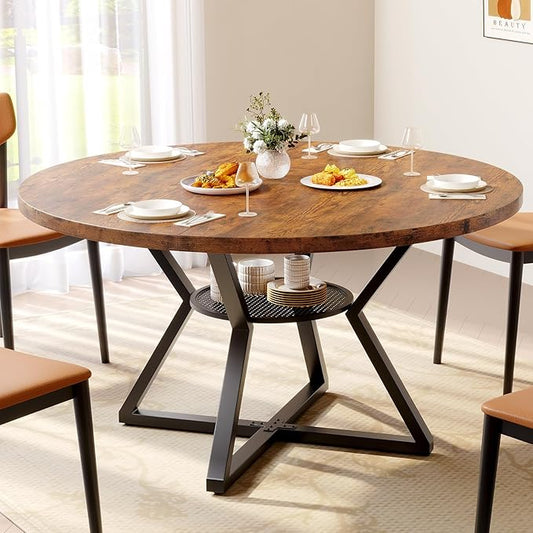 Concho 55" Round Table for 4-6, Circle Dining Dinner Table with Pedestal Metal Frame, Space Saving Wood Kitchen & Dining Room Furniture, Rustic Brown
