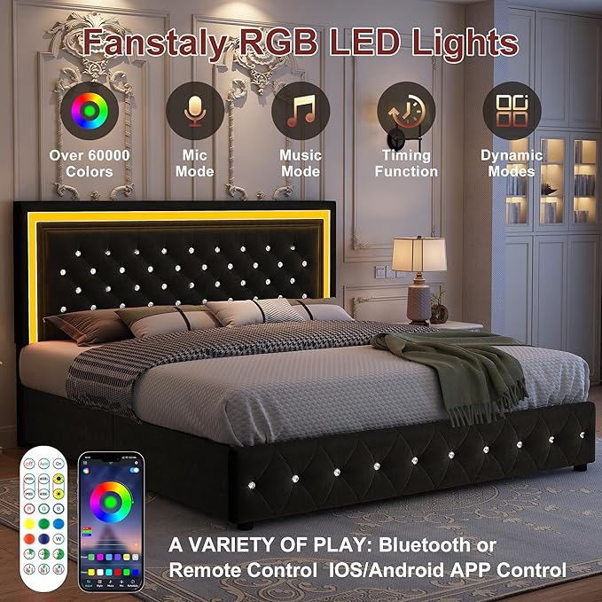 King Led Bed Frame with 4 Storage Drawers, Bed Frame with Led Lights No Box Spring Needed, 900 lbs Capacity, Easy Assembly, Velvet Black
