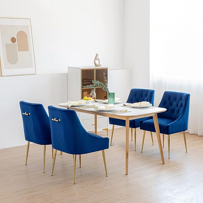 Modern Dining Chair Set of 2, Mid-Century Room Chair, Upholstered Comfortable Velvet with Back Pull Rod and Metal Legs for Kitchen, Dining, Living (Blue), (DYXSD)