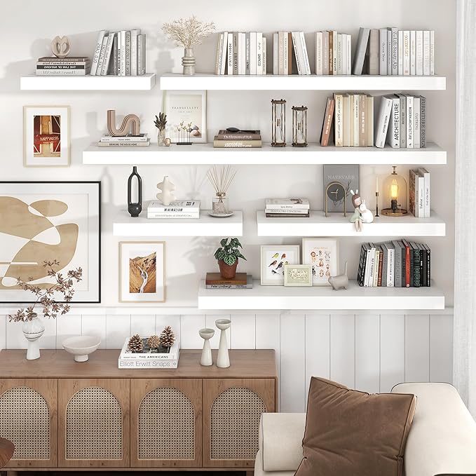 Floating Shelves for Wall, 72 Inch Wide x 12 Inch Deep Floating Shelves, Long Wood Floating Wall Shelf Shelves for Living Room Bathroom Bedroom Kitchen Home - (White, 72" W x 12" D x 2" H)