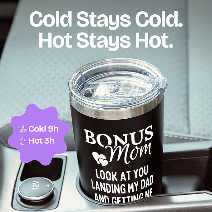 KLUBI Bonus Mom Gifts for Stepmom from Son Daughter - Look At You Landing My Dad and Getting Me As a Bonus - God Mother, Mother in Law Birthday Gift Mug 20 Ounce Insulated Black Tumbler for Her