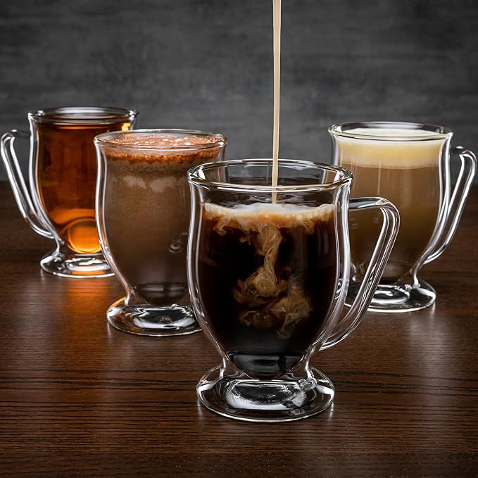 Double Wall Glass Coffee Mugs - 11oz Dishwasher & Microwave Safe Clear Mugs Set of 4 - Insulated Design, Ideal as Cups for Tea, Latte, Cappuccino, Nespresso, Hot & Cold Beverages