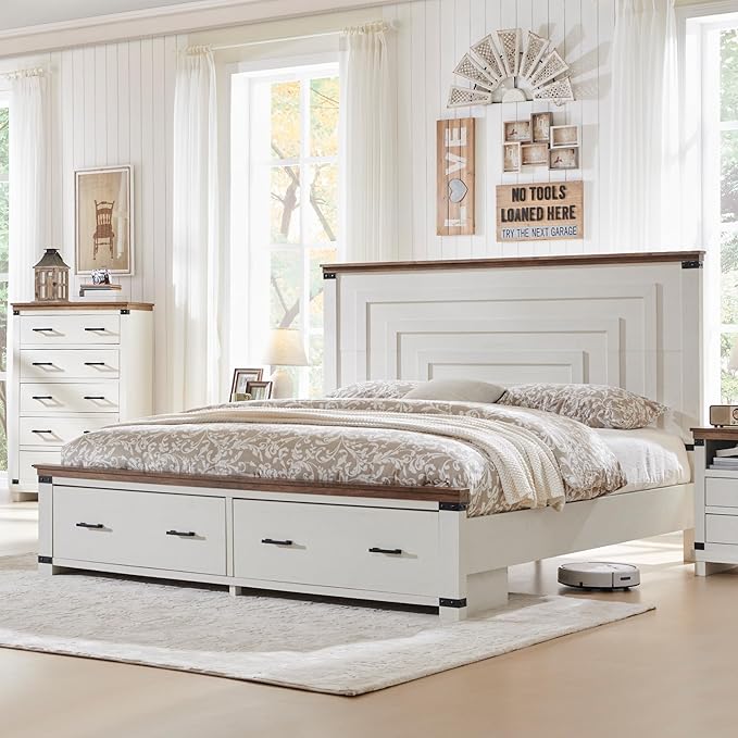 RedLemon Farmhouse King Size Bed Frame w/ 54" Tall Geometric Headboard, Rustic Wood Platform Bed w/ 2 Large Storage Drawers, Wood Slats Support, Noise Free, No Box Spring Needed, Antique White