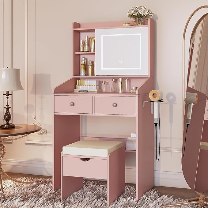 Vanity, Small Vanity Desk with Sliding Mirror, Dimmable LED Lights, 2 Drawers,Vanity Table Ideal for Bedroom（Pink）