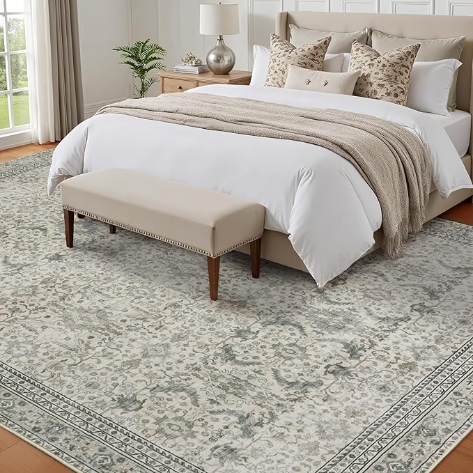 Lofus 9x12 Area Rug for Living Room, White Washable Area Rugs with Non-Slip Backing,Soft Boho Carpets for Bedroom Dining Room Home Office Indoor Nursery