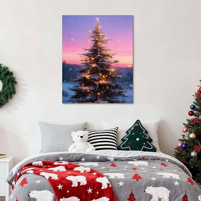 Framed Christmas Pictures Wall Decor,Vintage Pine Tree Prints,Winter Christmas Canvas Wall Art Decoration for Bedroom Bathroom Living Room Rustic Xmas Holiday Gifts (Christmas Tree 12, 20'' X 32'')
