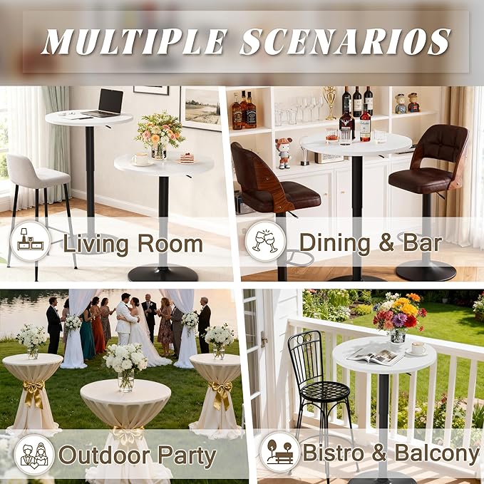 Shahoo Round Bar Table, Adjustable Height and 360° Swivel Bistro Pub Table, Cooktail Table for Bar, Bistro, Dining Room, White