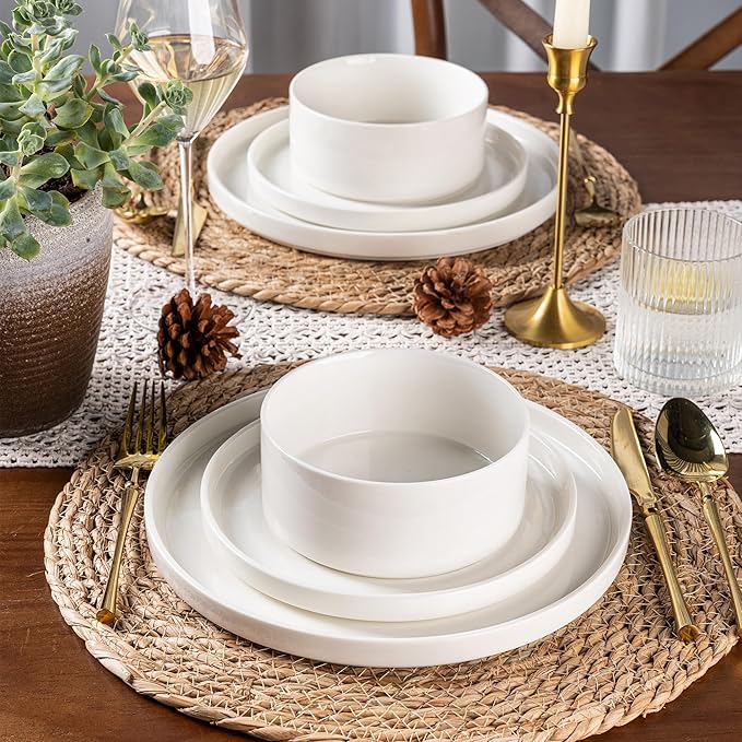 LERATIO Ceramic Dinnerware Sets for 4,12 Pieces Poreclain Plates and Bowls Sets,Scratch Resistant Dishes,Dishwasher & Microwave Safe Dishes Set,Service for 4-White
