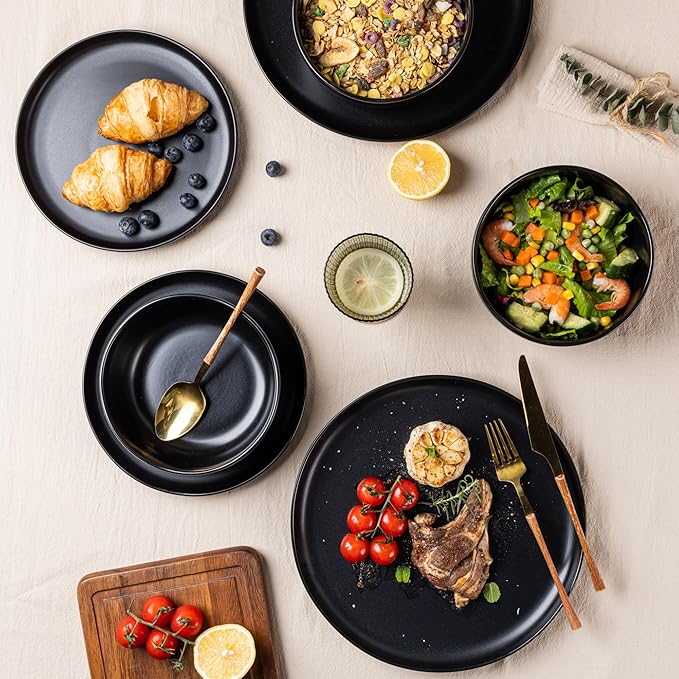 AmorArc Ceramic Dinnerware Sets, Wavy Rim Stoneware Plates and Bowls Sets, Highly Chip and Crack Resistant | Dishwasher & Microwave & Oven Safe Dishes set, Service for 8 (24pc)
