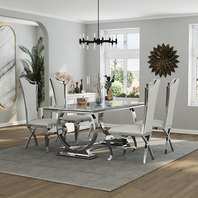 Asday 72 inch Modern Dining Room Table with Silver Stainless Steel Metal U-Base in Grey Silver