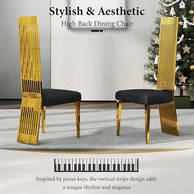 Dining Chairs Set of 6, Black Boucle Dining Room Chairs with Polished Gold Stainless Steel Legs and High Back