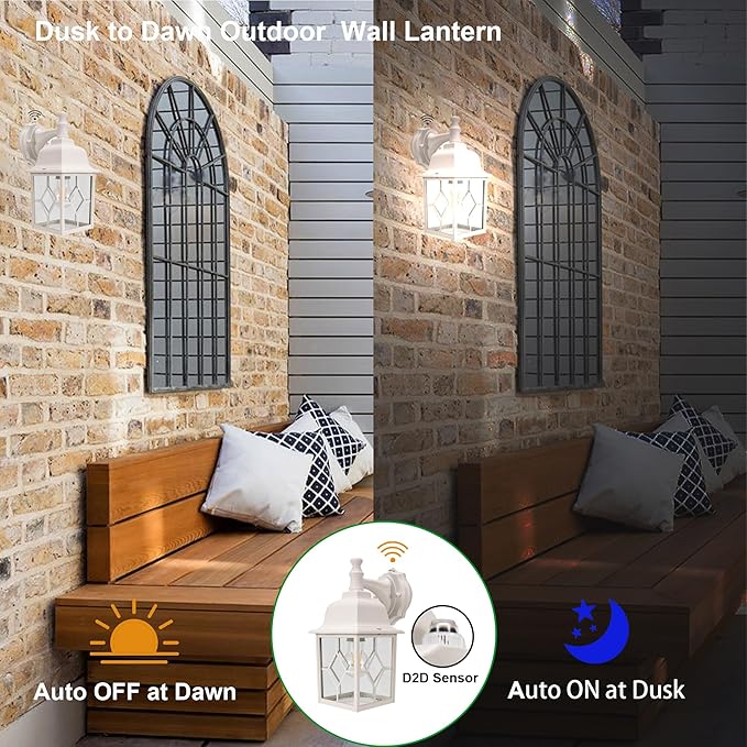 LIT-PaTH Dusk to Dawn Outdoor Wall Lantern, White Large Exterior Wall Light Fixture, E26 Base, Anti-Rust Aluminum Porch Lighting for Outside, Patio, Garage, 1 Pack
