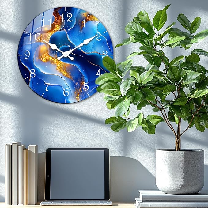 Modern Wooden Wall Clock – Marble Texture Design Round Wall-Clocks Silent Movement Battery Operated 14 Inch for Dining Room, Living Room