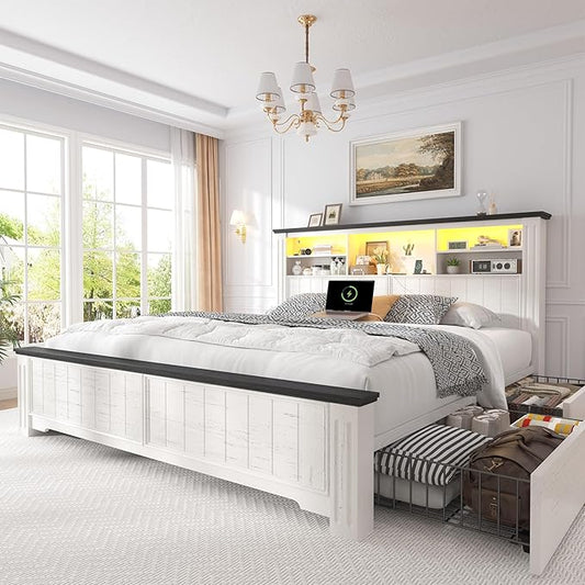 EnHomee Queen Bed Frame with Headboard and Storage, 4 Drawers and LED Built in Charging Station Bed Frame Queen Size with Storage Farmhouse, NO Noise,No Box Spring Needed, White