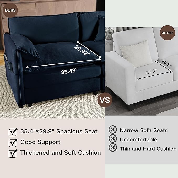 Loveseat Deep Seat Sectional Sofa Cloud Couch, Modern Chenille Comfy Upholstered Modular L Shaped Couch for Living Room, Apartment, Office (Blue, 75.59 Inch-L Shape)