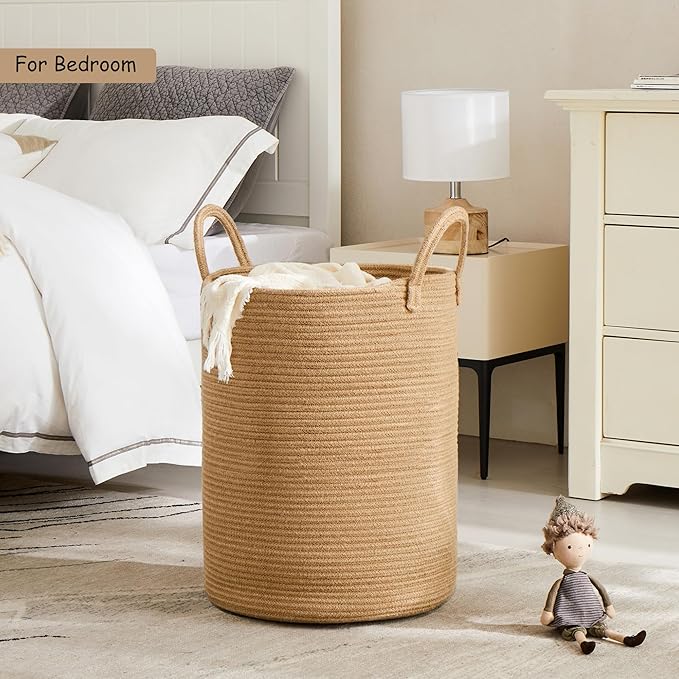 62L Jute Woven Hamper Laundry Basket Wicker Rope Clothes Hamper for Baby Nursery Kids Tall Rattan Blanket Basket in Living Room Bedroom