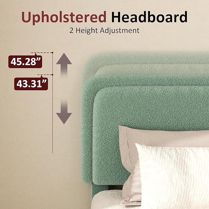 Full Boucle Platform Bed Frame with Height Adjustable Headboard, Modern Upholstered Cloud Bed, Sleek Curved Design, No Box Spring Needed, Easy Assembly, Noise Free,Green