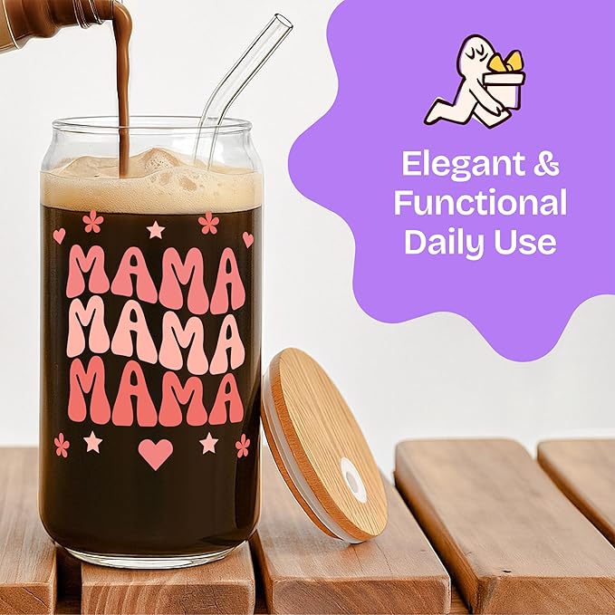 KLUBI Mama Gifts for Mothers Day from Daughter - Mom Glass Tumbler 16 Ounce Mama Cups Tumbler with Straw - Birthday Gift for Mom Iced Coffee Glass Nutritional Facts