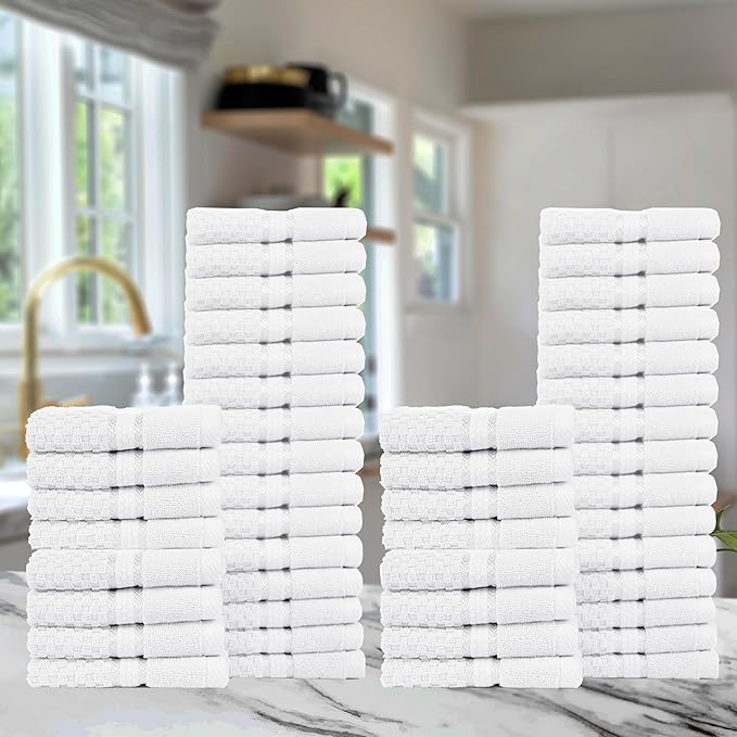 Ample Decor 100% Cotton Washcloths Set of 50 - Highly Absorbent, Popcorn Textured - Mulaayam Collection - White 12 X 12 Inch