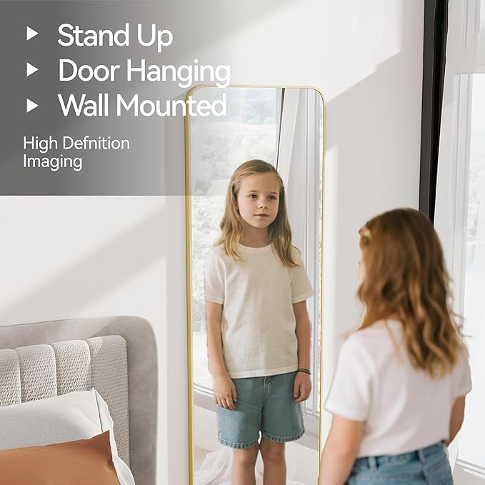 57x20 Door Hanging Full Length Mirror, Floor Stand (Height 5.7ft just Body in1.3ft) Wall Mounted Metal Frame Rectangle Dressing Mirrors for Bedroom Room 57 inch Gold