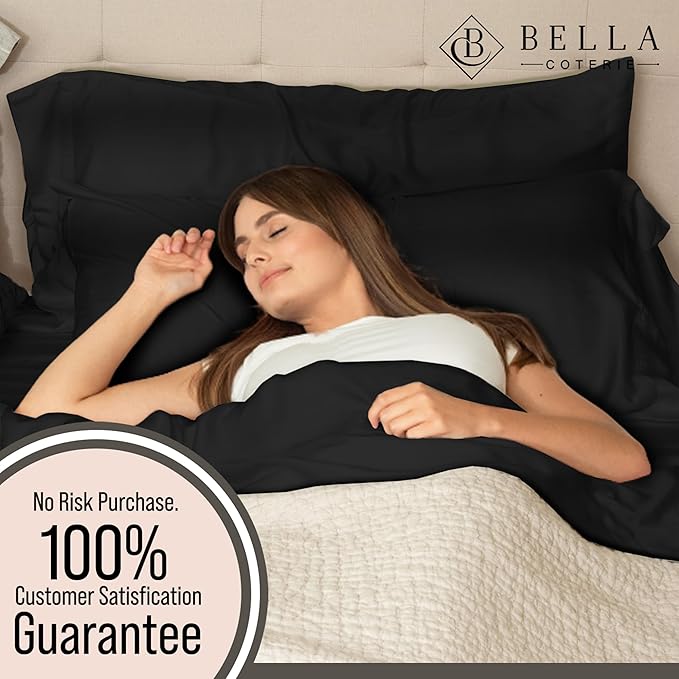 Bella Coterie 6 Piece Luxury Bamboo Viscose Queen Size Sheet Set | 100% Organically Grown | Cooling for Hot Sleepers | 18" Deep Pocket | Soft & Hypoallergenic | 4 Pillowcases [Black]