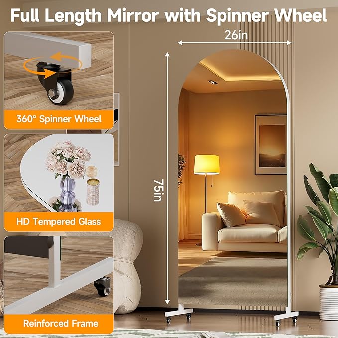 Hasipu 75" x 28" Arched Rolling Home Gym Mirror with Wheels, 360° Swivel Body Mirror with HD Tempered Glass, Large Floor Mirror for Yoga Room, Dance Studio, Bedroom & Home Gym