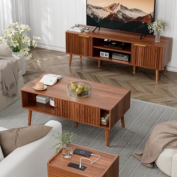 Coffee Table with Storage, Mid Century Dining Table with Sliding Fluted Door and Solid Wood Legs, Small Coffee Tables for Living Room, Walnut
