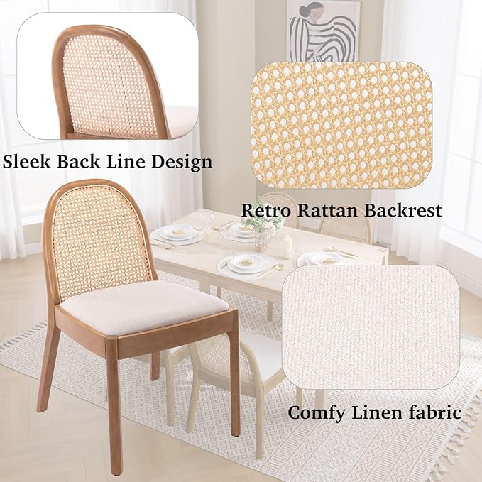 LukeAlon Linen Dining Chairs Set of 2, Natural Woven Cane Back Side Chairs with Solid Wood Legs Mid Century Dinner Chairs for Kitchen Living Room, Beige