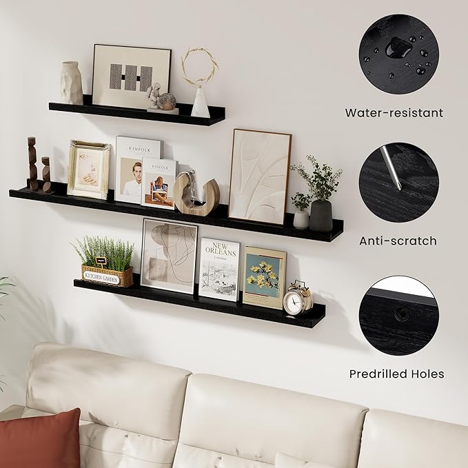 Solid Ash Wood Picture Ledge Shelf, 36 Inch Floating Shelves with Lip Set of 2, Photo Ledge Shelf Nursery Bookshelf Wall Mounted for Living Room Bedroom Decor, Black