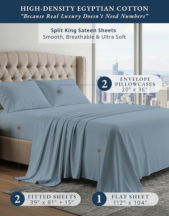 LANE LINEN 100% Egyptian Cotton Split King Bed Sheets for Adjustable Beds - Mercerized Cotton, Sily Finish, No Pill Fade Resistant Split King Bedding Sheets & Pillowcases - French Blue