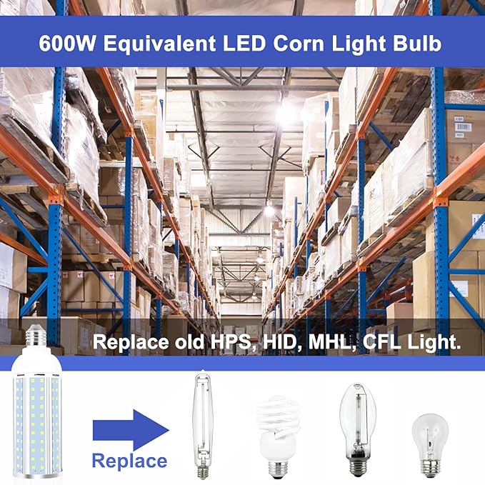 2 Pack 600W Equivalent LED Corn Light Bulb 6000 Lumen 5000K Daylight White E26 Medium Base 60W Corn Light Bulbs for Outdoor Indoor Garage Warehouse Factory Workshop