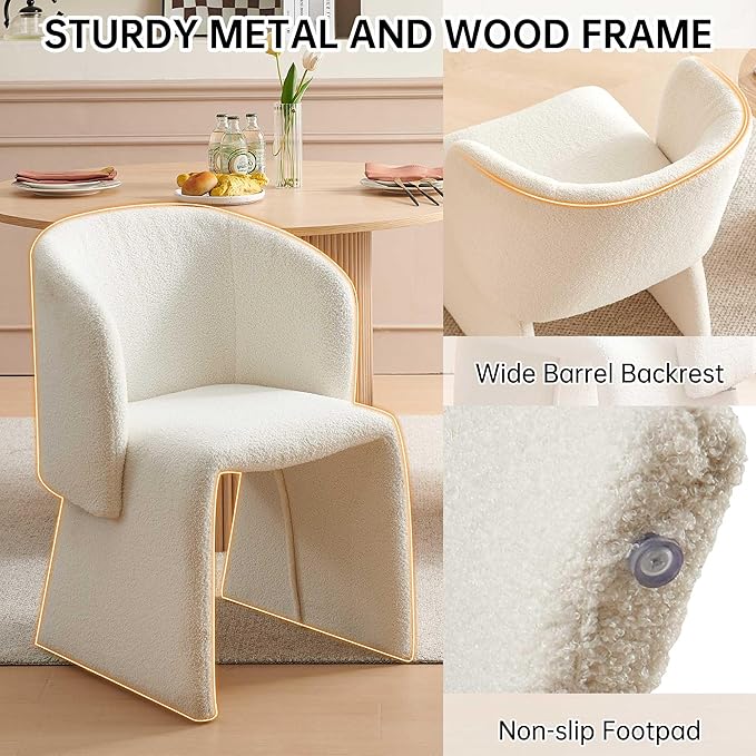 Modern Dining Chair Upholstered Off White Teddy Velvet Barrel Home Kitchen Single Sofa Chair Comfy with Metal Frame for Living Room,Bedroom