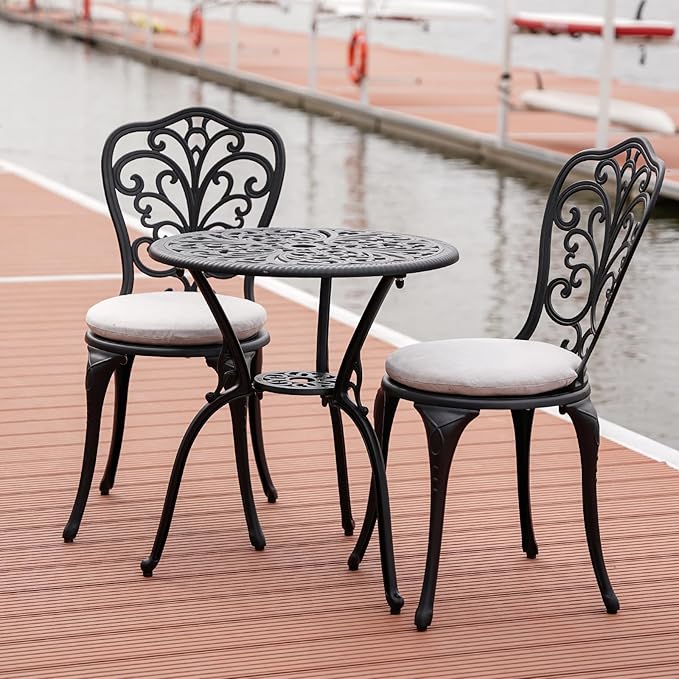 Patio Bistro Set 3 Piece with Cushions, All Weather Bistro Table and Chairs Set of 2 with Umbrella Hole, Outdoor Bistro Set, Cast Aluminum Patio Furniture Set for Garden Porch, Black