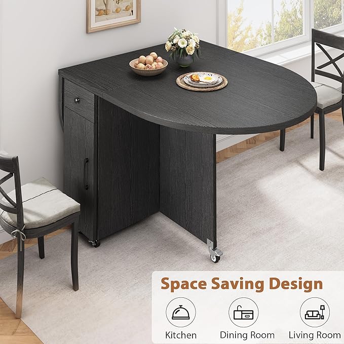 Folding Dining Table for 4 Kitchen Dining Room DinnerTable with Storage Drawer Space Saving Oval Foldable Drop Leaf Gateleg Furniture for Small Space (Black, 47 * 23.6 * 30)