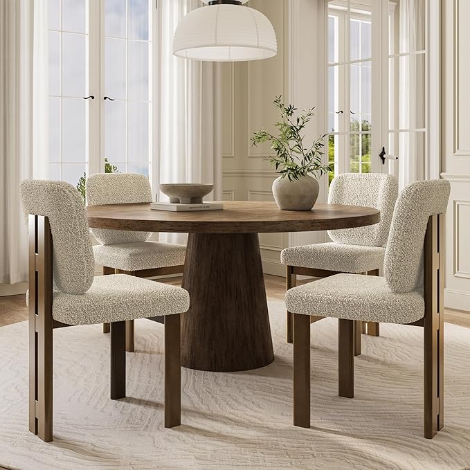 Modern Farmhouse Dining Chairs Set of 4, Boucle Upholstered Wooden Kitchen Chairs with Back, Walnut Wood Legs, Beige