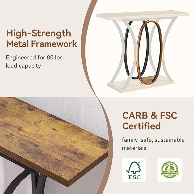 BedsPick Entryway Console Table, 40 Inch Narrow Wood Hallway Table Foyer Table Behind Couch, Sofa Table with Metal Legs and 1.18 Thick Board (Brown)