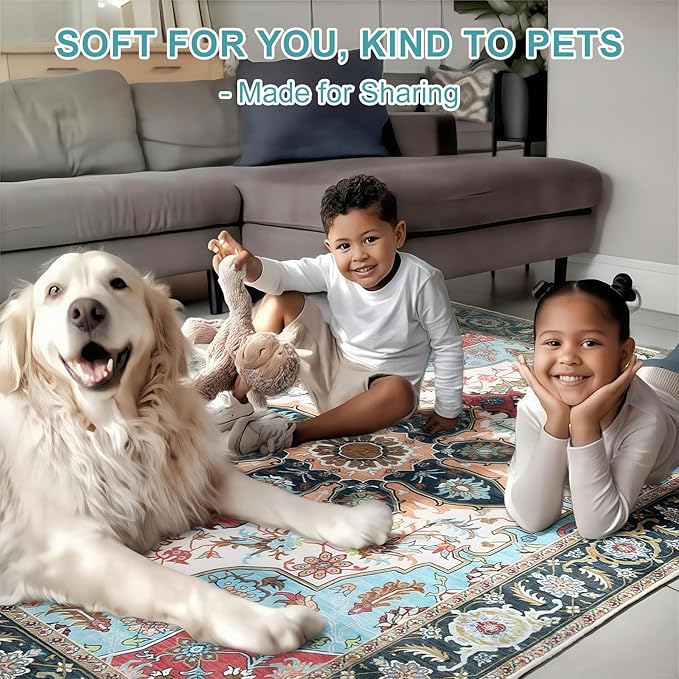 WILLSUN Washable Area Rugs, 5x7 Non-Slip Boho Large Area Rugs for Living Room, Bedroom, Machine Washable Vintage Rug, Indoor Floral Print Carpet for Home Decor, Kid & Pet Friendly Mat
