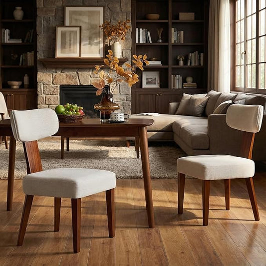 Dining Chairs Set of 2, Mid-Century Modern Upholstered Kitchen Chairs with Curved Backrest and Linen Fabric Seat, Wood Leg Accent Chairs for Dining Room, Living Room, Bedroom, Linen Beige